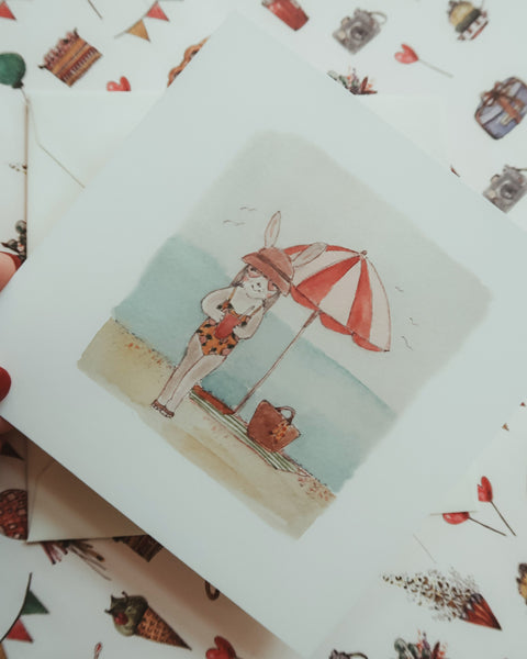 Bunny girl on the beach, folded card