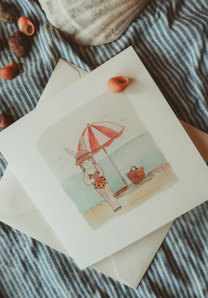Bunny girl on the beach, folded card