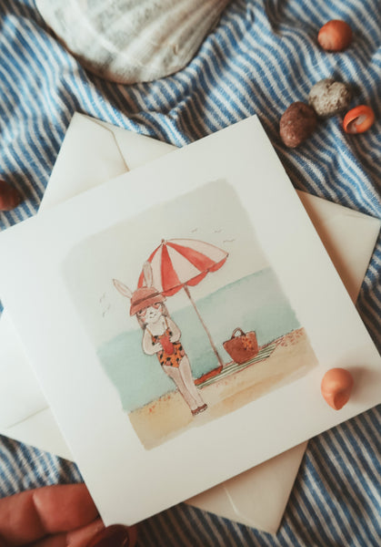 Bunny girl on the beach, folded card