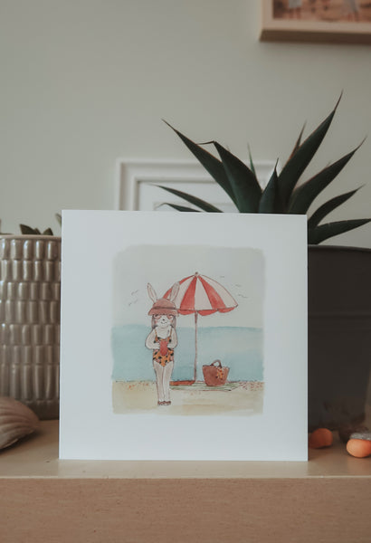 Bunny girl on the beach, folded card