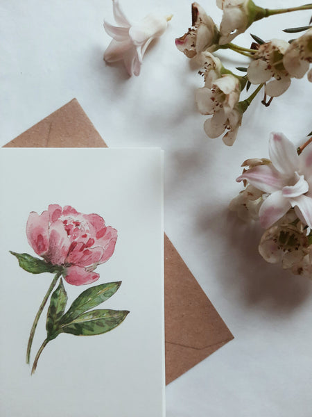 Pink peony card, small flat card