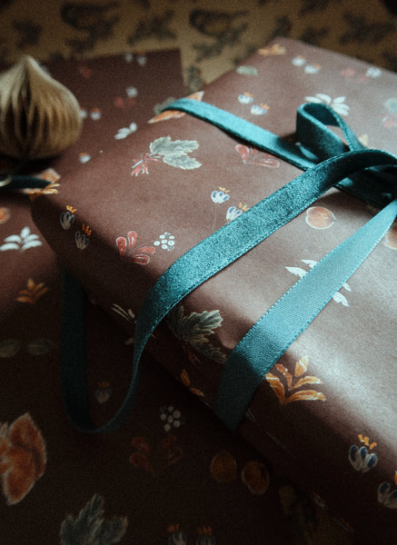 Christmas floral&brown on white wrapping paper