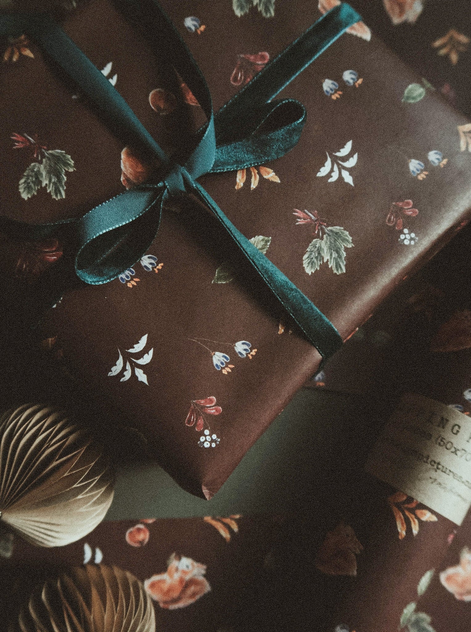 Christmas floral&brown on white wrapping paper