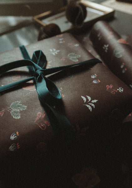 Christmas floral&brown on white wrapping paper