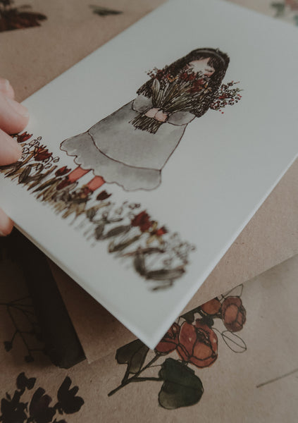 Girl with flowers, folded card