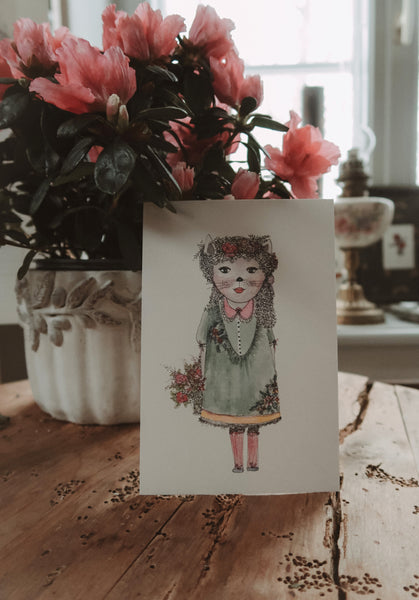 Kitty girl with flowers postcard