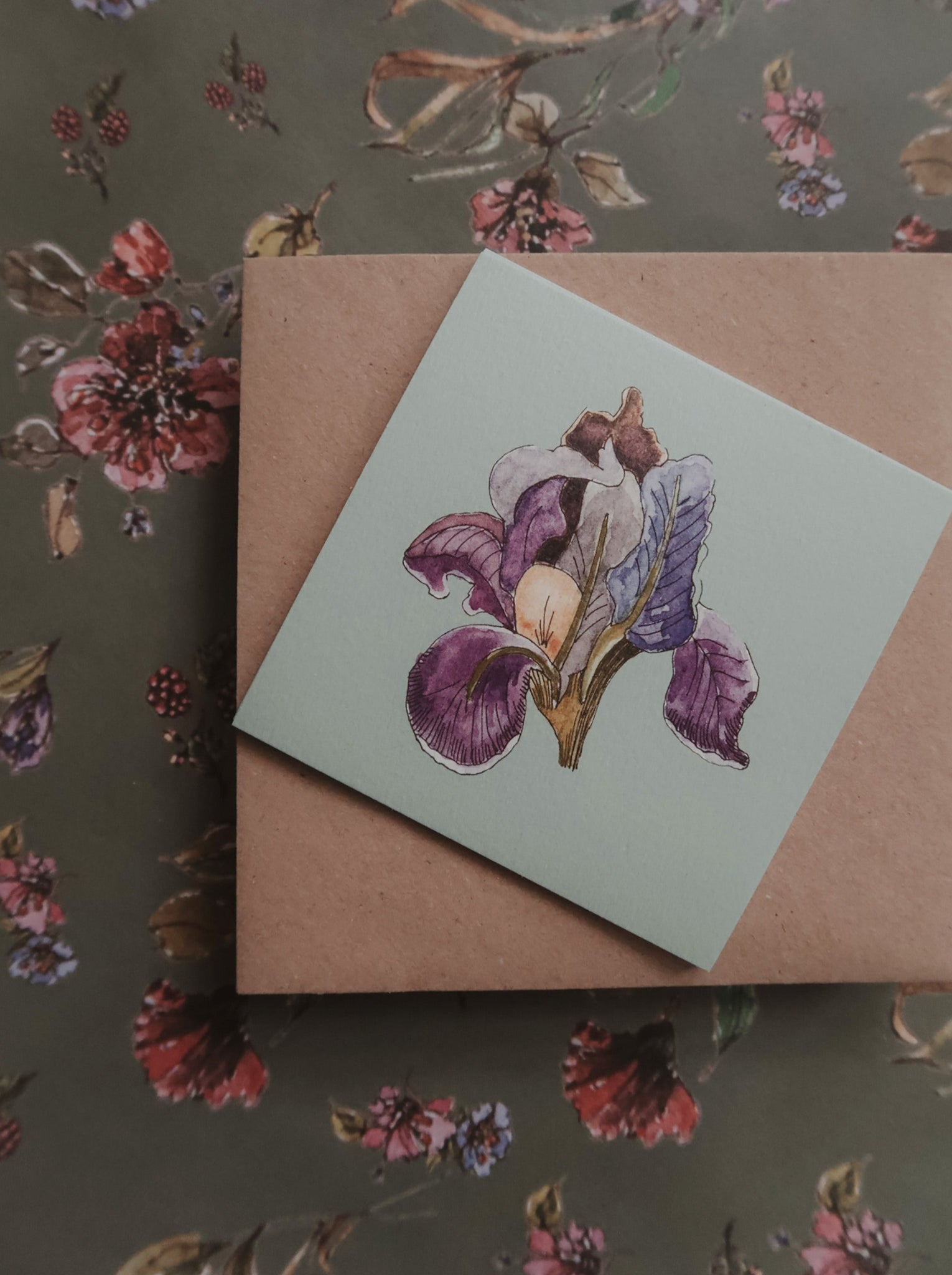 Blue iris on light blue small flat card