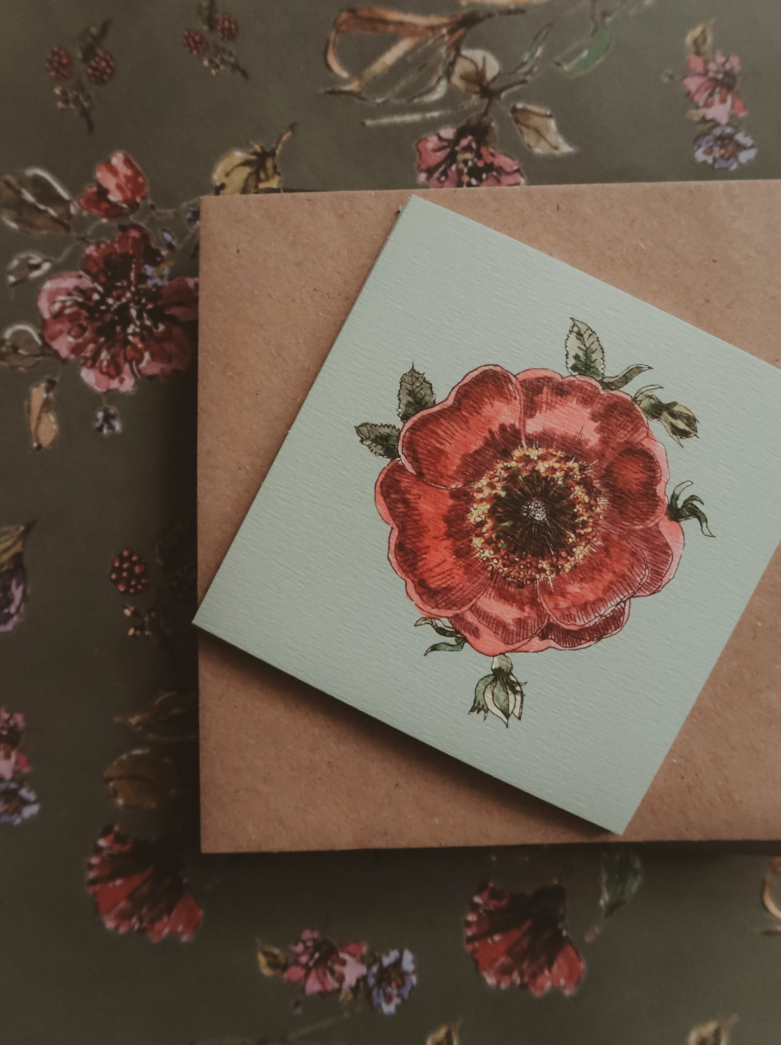 Scarlet red rose on light blue small flat card