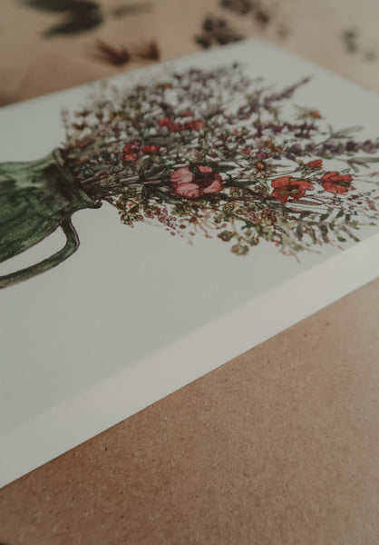 Rustic flowers in a green vase, folded card