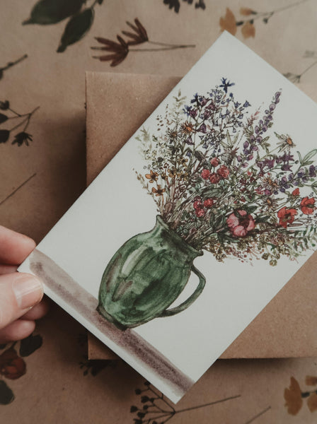 Rustic flowers in a green vase, folded card