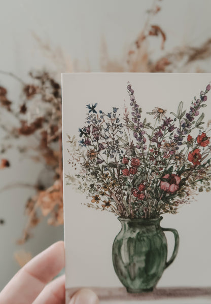 Rustic flowers in a green vase, folded card