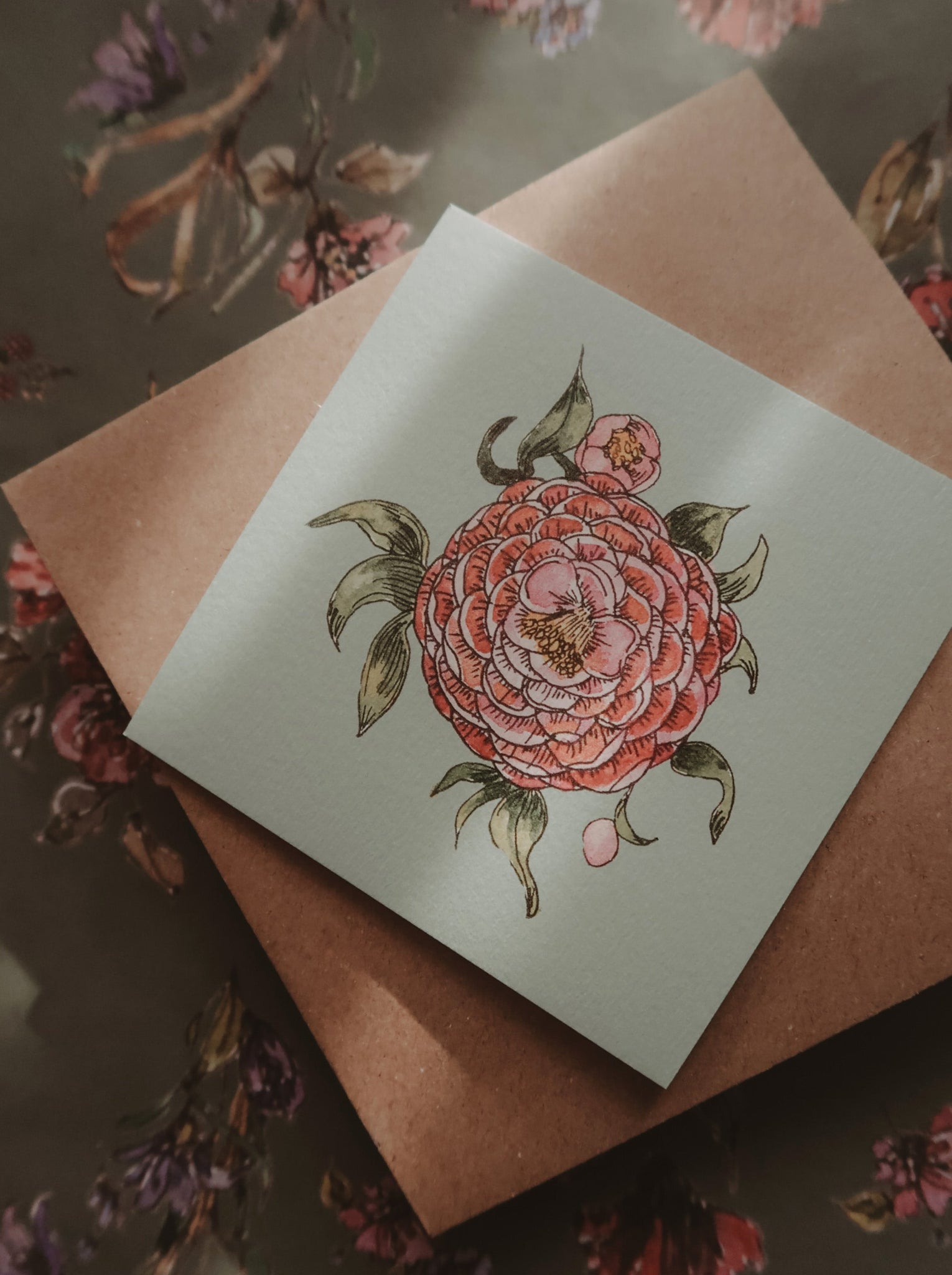 Pink flower on light blue small flat card