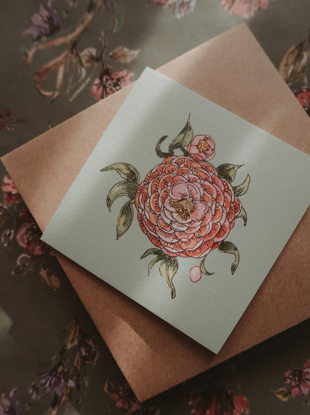 Pink flower on light blue small flat card