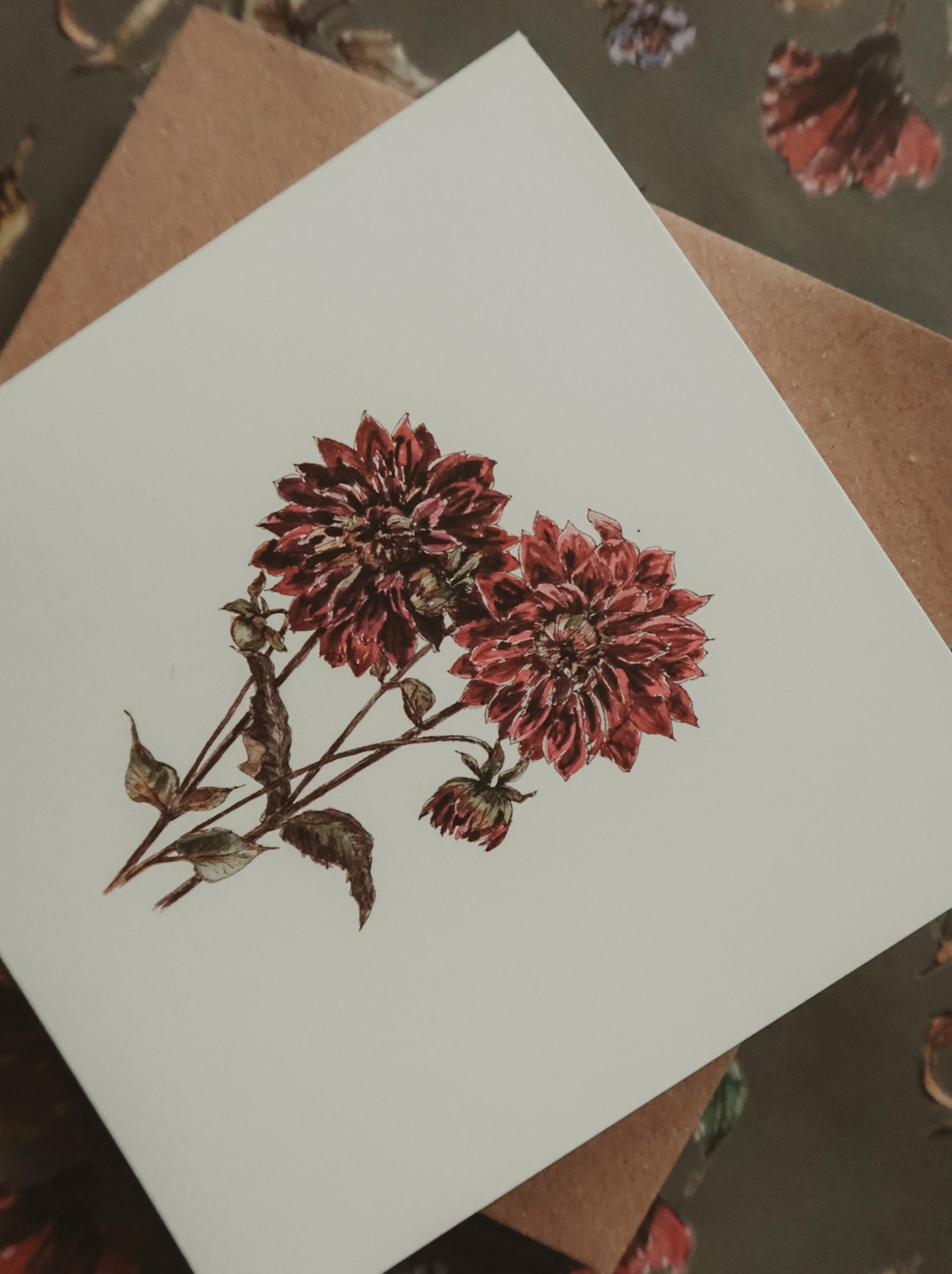 Red dahlia, folded card