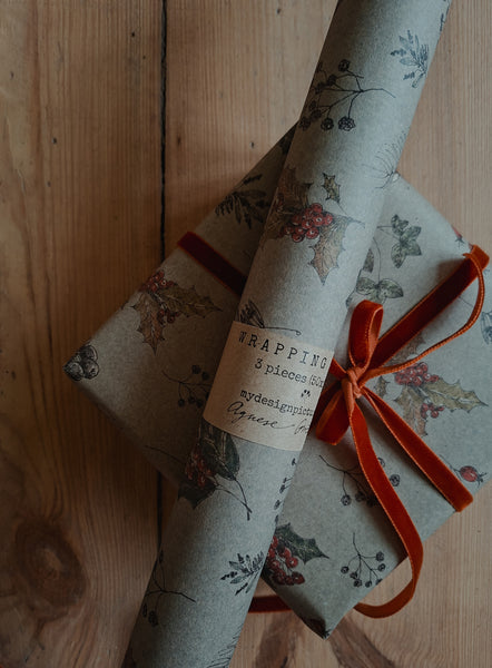 SET OF 3 pieces WINTER FLORALS kraft wrapping paper