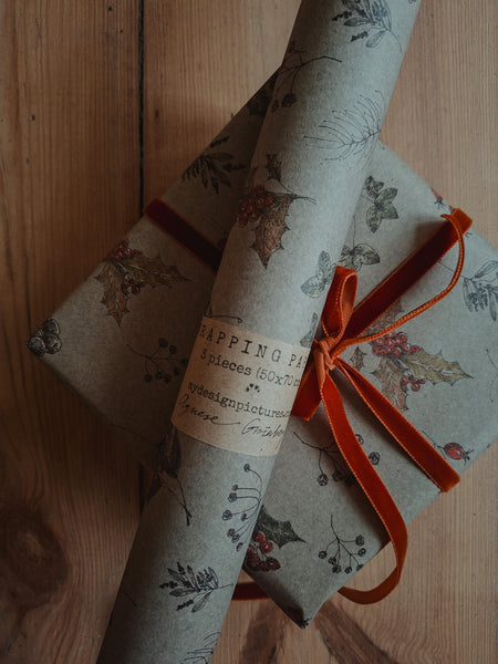 SET OF 3 pieces WINTER FLORALS kraft wrapping paper