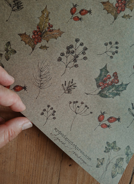 SET OF 3 pieces WINTER FLORALS kraft wrapping paper