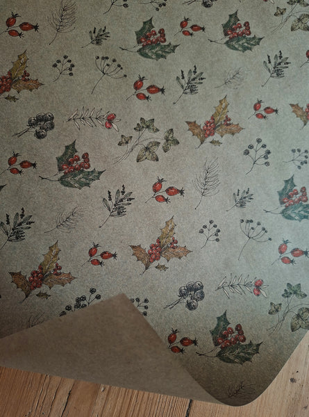 SET OF 3 pieces WINTER FLORALS kraft wrapping paper