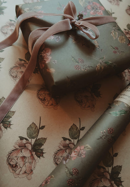 SET of 3 Flowers on dark gray kraft wrapping paper