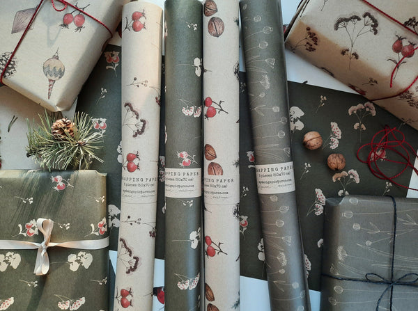 Floral winter wrapping paper kraft deep green