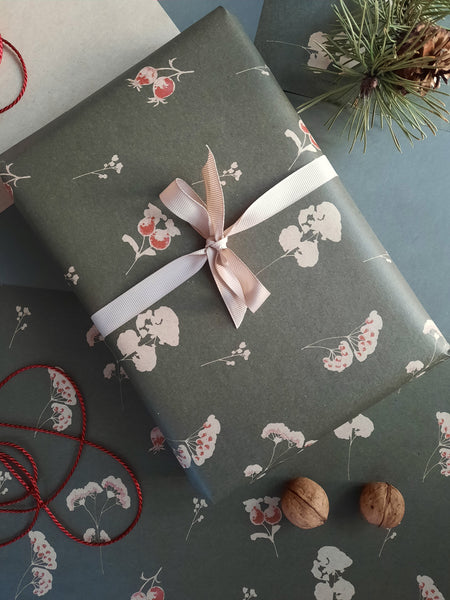 SET OF 3 pieces FLORAL deep green wrapping paper