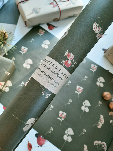 Floral winter wrapping paper kraft deep green