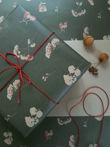 Floral winter wrapping paper kraft deep green