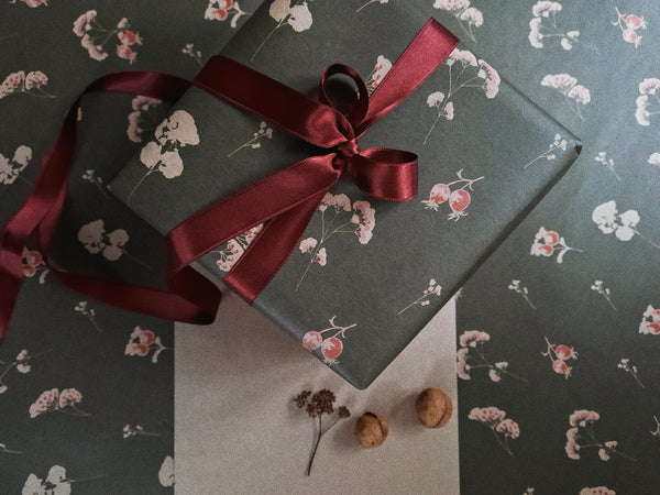 Floral winter wrapping paper kraft deep green