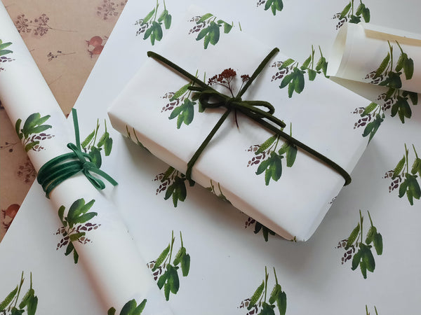 Green leaves pure white wrapping paper