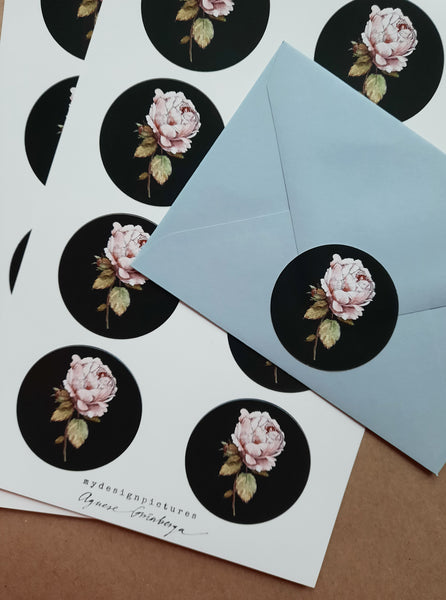 Vintage rose on black sticker set