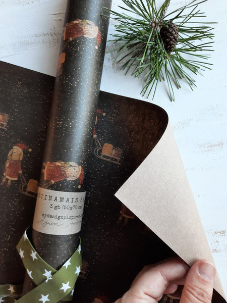 Bunny with sled kraft wrapping paper