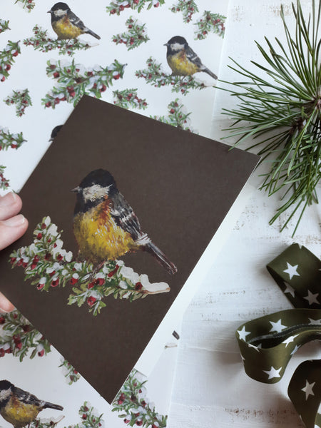 Tit bird on dark green, folded card