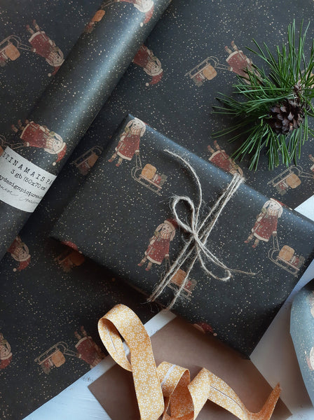 Bunny with sled kraft wrapping paper