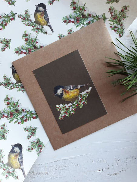 Tit bird on dark green/small flat card