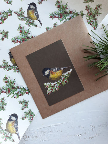 Tit bird on dark green/small flat card