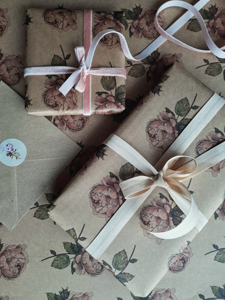 SET OF 3 pieces VINTAGE ROSE kraft wrapping paper