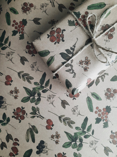 SET OF 3 pieces BERRIES AND PLANTS kraft wrapping paper