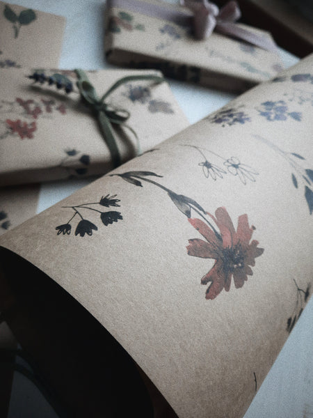 SET OF 3 pieces MEADOW FLOWERS kraft wrapping paper