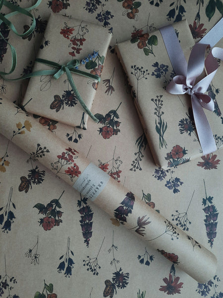 SET OF 3 pieces MEADOW FLOWERS kraft wrapping paper