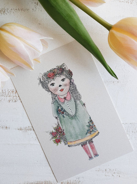 Kitty girl with flowers postcard