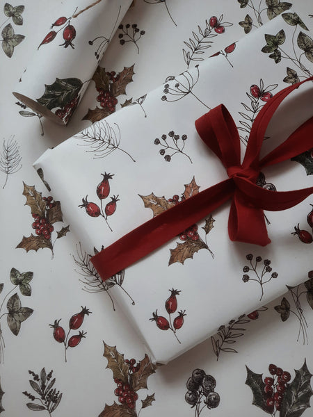 SET OF 3 pieces WINTER FLORALS pure white wrapping paper