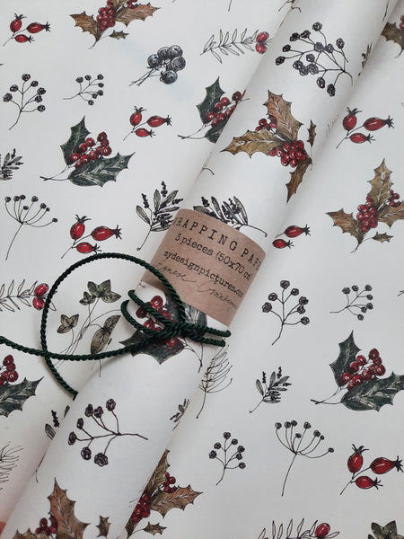 SET OF 3 pieces WINTER FLORALS pure white wrapping paper