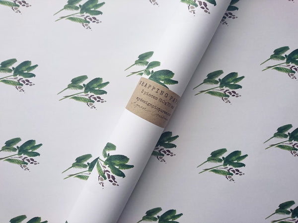 SET OF 3 pieces GREEN LEAVES white wrapping paper