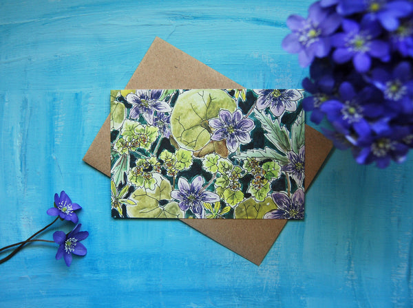 Blue anemones, postcard