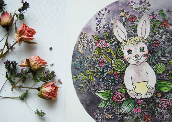 Baby bunny in flowers, folded card