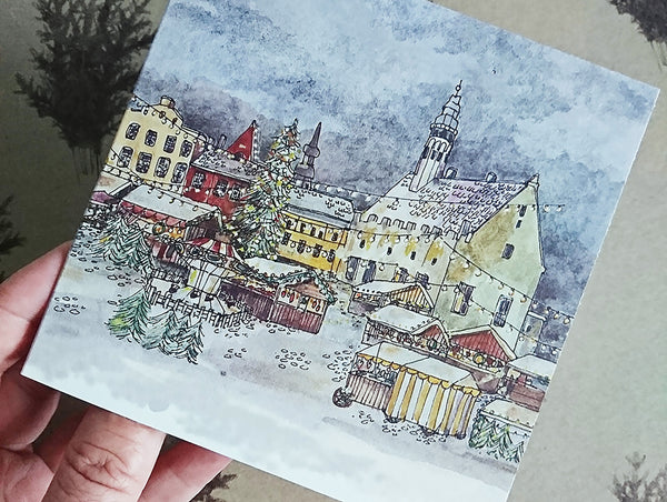 Christmas market in old town, folded card