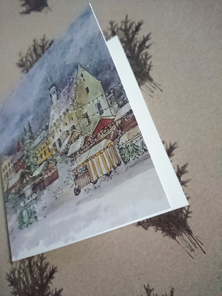 Christmas market in old town, folded card