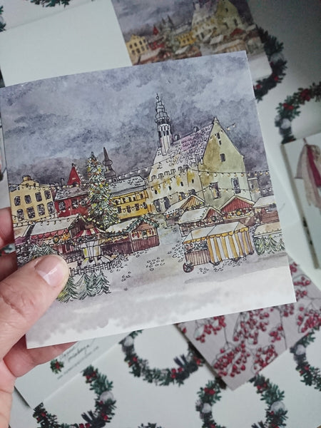 Christmas market in old town, folded card